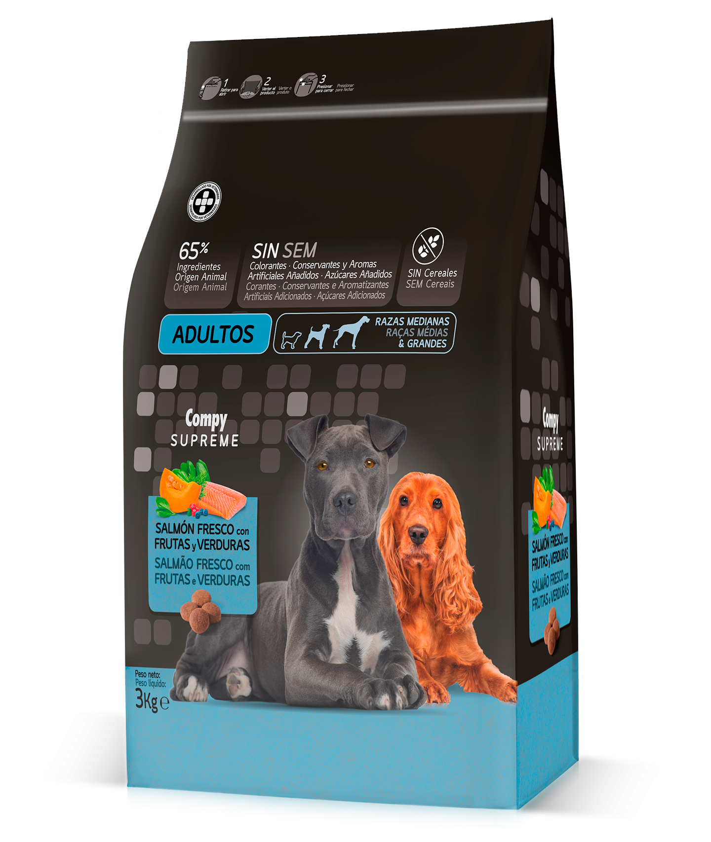 Compy Supreme   for adult dogs of medium and large breeds. with fresh Salmon, Fruits and Vegetables. GRAIN-FREE.  for adult dogs of medium and large breeds.(3kg)