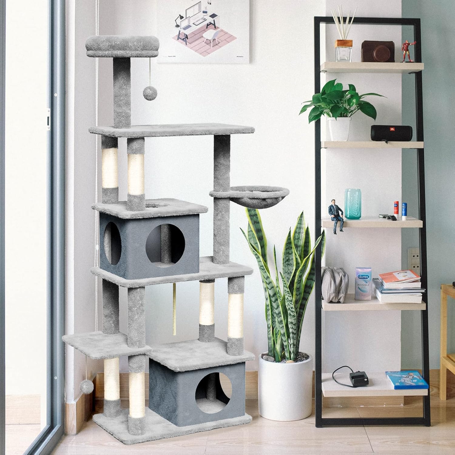 Cat Tree Tower House Condo Scratching Furniture Post for Small Medium Large Cat Kitten 64“ with Hammock and Removable Condo 40x70x146cm