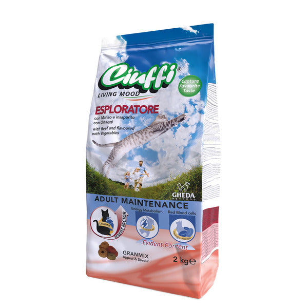 Ciuffi Living Mood Esploratore Adult Maintenance with Beef and flavoured with Vegetables Adult Cats Dry Food (15kg-2kg)