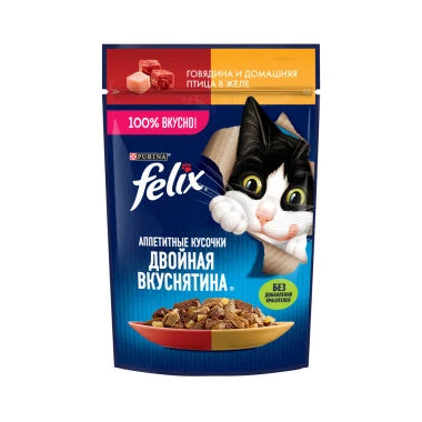 Wet food FELIX Appetizing pieces, Double yummy for adult cats, with beef and poultry, in jelly 75 g