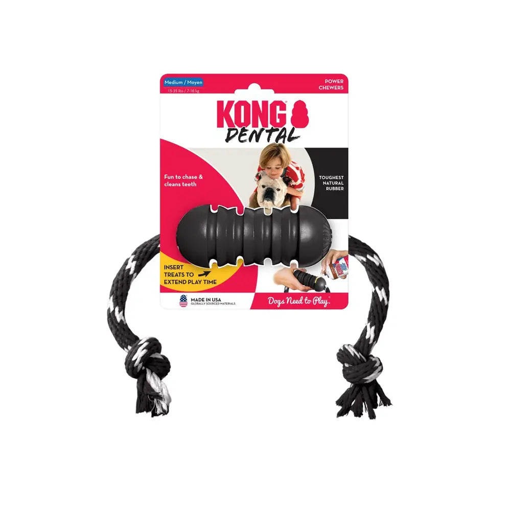 Kong Dental Medium Black Rubber Treat Dispensing Toy with Rope for Dogs (7-16kg)