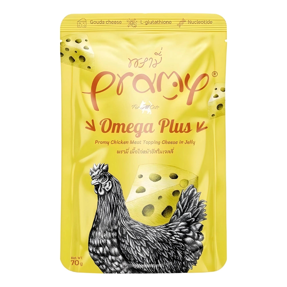 Pramy Omega Plus Chicken Meat topping Cheese in Jelly 70gr